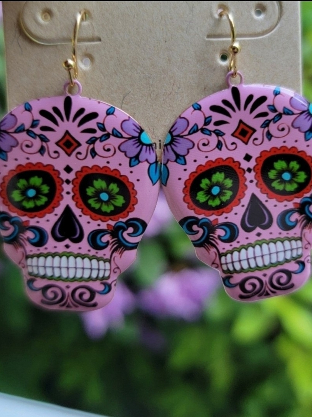Nwt Sugar Skull Day of the dead Dia De Los Muertos Pink colorful metal earrings